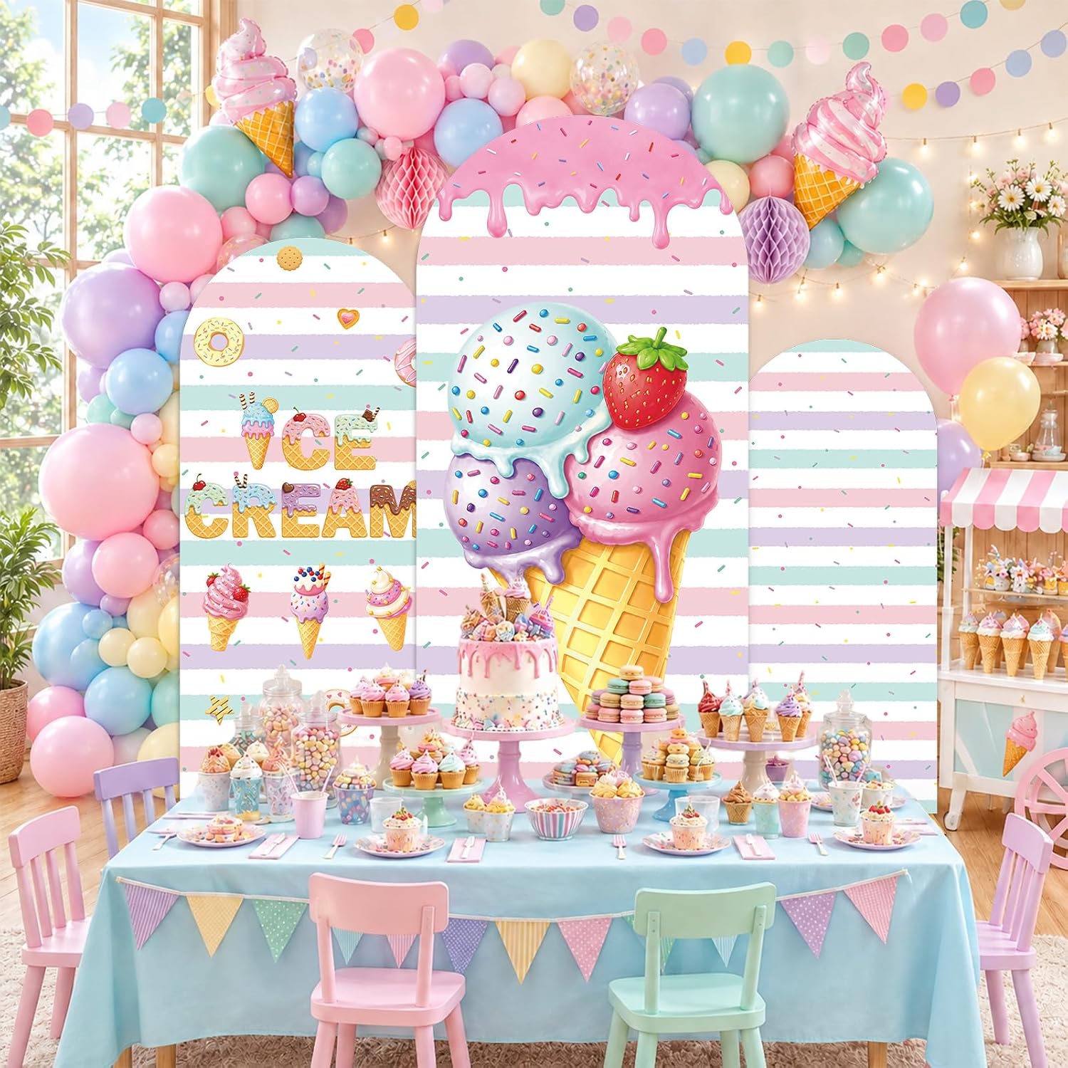 Dessert Table Backdrop - غطاء خلفية قوسية مخططة من الجانبين